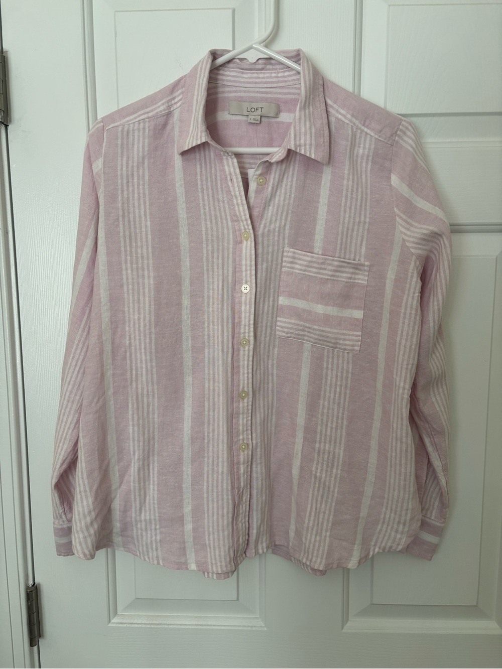 LOFT Pink & White Striped Collared Shirt Size Small Linen Blend NWT